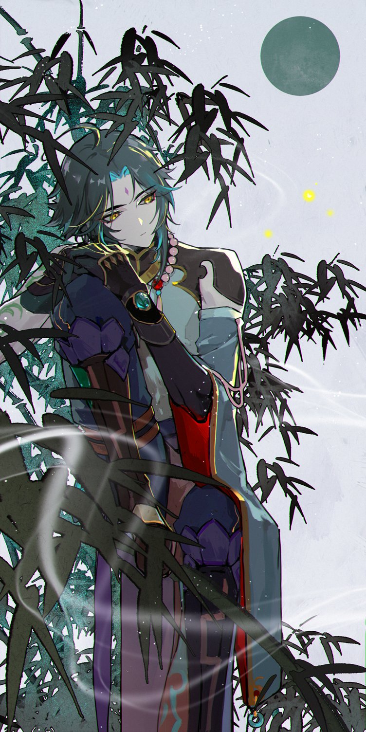 1boy ahoge arm_guards arm_tattoo armor asymmetrical_clothes bamboo bangs bead_necklace beads black_gloves black_hair boots closed_mouth detached_sleeves diamond_(shape) eyebrows_visible_through_hair eyeshadow facial_mark forehead_mark genshin_impact gloves green_gloves green_hair grey_background hand_on_own_knee hands_together highres jewelry makeup male_focus moon multicolored_hair necklace parted_bangs red_eyeshadow short_hair_with_long_locks simple_background single_bare_shoulder single_detached_sleeve smoke solo tai3_3 tassel tattoo two-tone_hair vision_(genshin_impact) wide_sleeves xiao_(genshin_impact) yellow_eyes