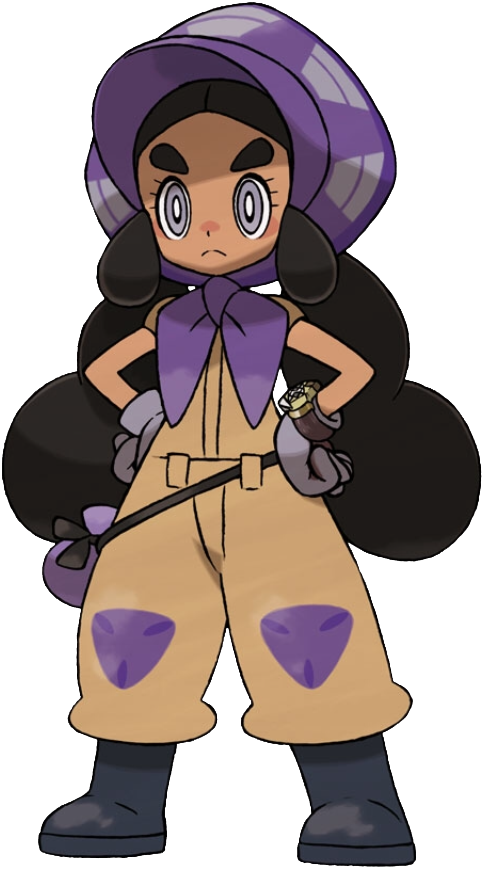 1girl belt black_belt black_footwear black_hair bonnet boots dark_skin dark-skinned_female full_body gloves grey_eyes grey_gloves hapu_(pokemon) island_kahuna long_hair official_art pokemon pokemon_(game) pokemon_sm pouch purple_headwear short_sleeves solo standing sugimori_ken thick_eyebrows transparent_background twintails