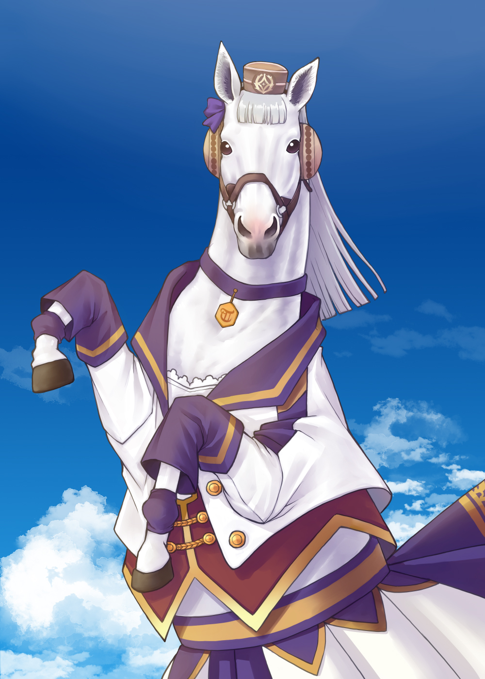 animalization bangs blue_sky blunt_bangs choker ellenuen gold_ship gold_ship_(racehorse) hat highres horse jacket looking_at_viewer no_humans open_clothes open_jacket parody photo-referenced purple_choker real_life skirt sky solo umamusume white_hair white_horse white_jacket white_skirt