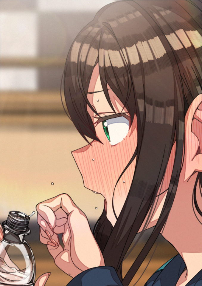 1girl bangs blush bottle brown_hair ear_blush erere green_eyes holding holding_bottle idolmaster idolmaster_cinderella_girls indoors long_hair open_mouth portrait shibuya_rin solo sweat water water_bottle