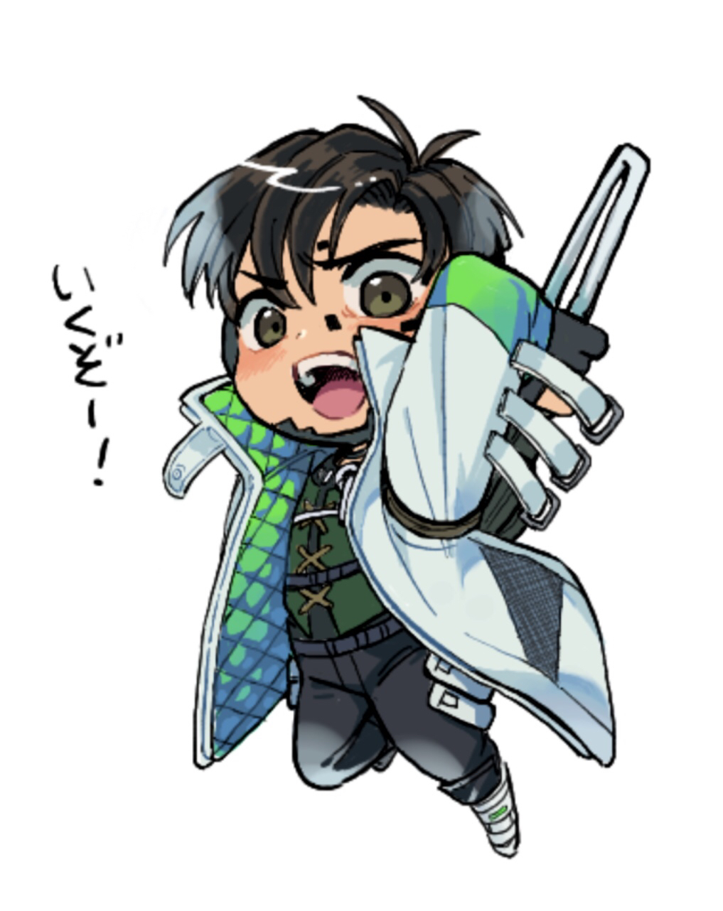 1boy airborne apex_legends black_gloves black_hair black_pants brown_eyes chibi crypto_(apex_legends) gloves green_sleeves green_vest highres holding holding_weapon husagin jacket looking_down male_focus open_mouth pants solo vest weapon white_background white_jacket