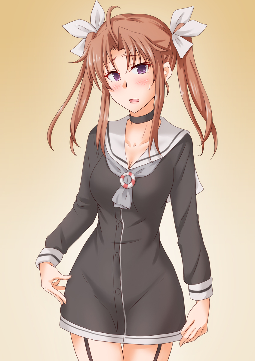 1girl ahoge amatsukaze_(kancolle) amatsukaze_(kancolle)_(cosplay) anti_(untea9) beige_background brown_hair choker commentary_request cosplay dress garter_straps gradient gradient_background grey_dress grey_neckwear hair_ribbon highres kagerou_(kancolle) kantai_collection lifebuoy_ornament long_hair looking_at_viewer neckerchief remodel_(kantai_collection) ribbon sailor_collar sailor_dress solo thigh_gap twintails violet_eyes white_ribbon white_sailor_collar