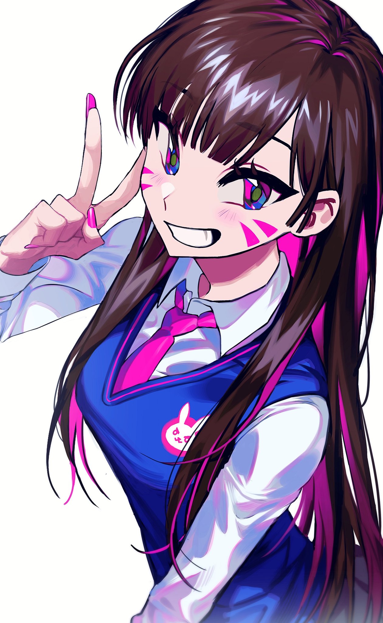 1girl 2pineapplepizza bangs breasts brown_hair d.va_(overwatch) eyebrows_visible_through_hair eyelashes facepaint facial_mark fingernails grey_skirt grin highres korean_commentary long_fingernails long_hair long_sleeves looking_at_viewer medium_breasts multicolored_hair nail_polish necktie overwatch pink_hair pink_nails pink_neckwear simple_background skirt smile solo sweater_vest upper_body v whisker_markings white_background