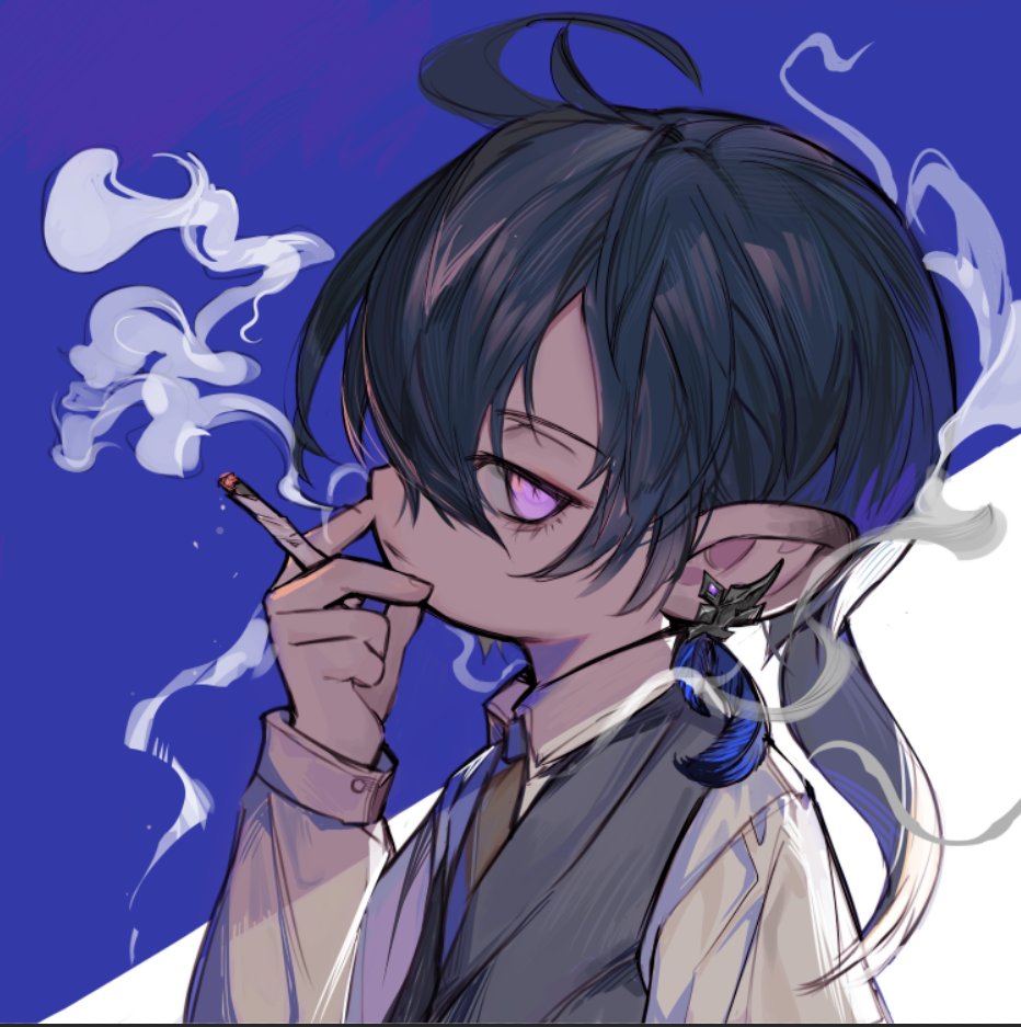 1boy ahoge black_hair brown_neckwear cigarette earrings final_fantasy final_fantasy_xiv fingernails from_side grey_vest hand_up holding holding_cigarette jewelry lalafell long_sleeves looking_at_viewer looking_to_the_side male_focus necktie parted_lips rosette_(yankaixuan) shirt smoke smoking solo vest violet_eyes white_shirt