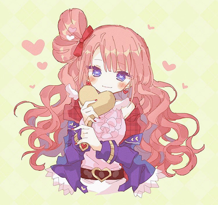 1girl bangs bare_shoulders belt blush bow character_request checkered checkered_background closed_mouth earrings eyebrows_visible_through_hair frilled_shirt frills hair_bow heart heart-shaped_pupils heart_belt heart_earrings hibi89 holding holding_heart jacket jewelry long_hair long_sleeves looking_at_viewer merc_storia nail_polish off-shoulder_jacket pink_shirt plaid_trim purple_jacket red_bow red_nails shirt smile solo symbol-shaped_pupils upper_body very_long_hair violet_eyes wavy_hair