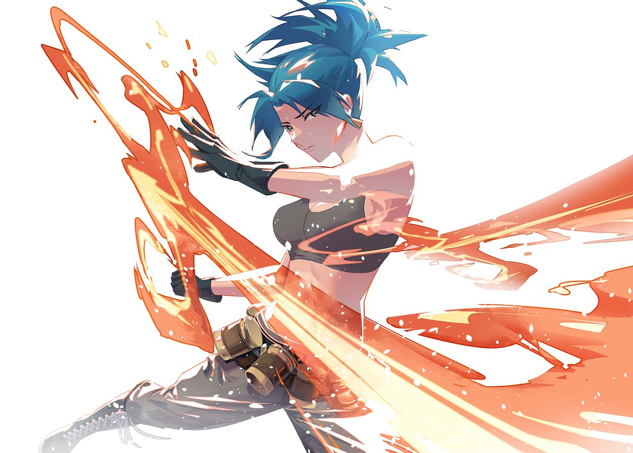 1girl bangs belt black_gloves black_pants blue_eyes blue_hair boots clenched_hand closed_mouth combat_boots earrings ffffcoffee full_body gas_can gloves jewelry leona_heidern looking_at_viewer military military_uniform pants ponytail slashing solo tank_top the_king_of_fighters the_king_of_fighters_xiii uniform white_background