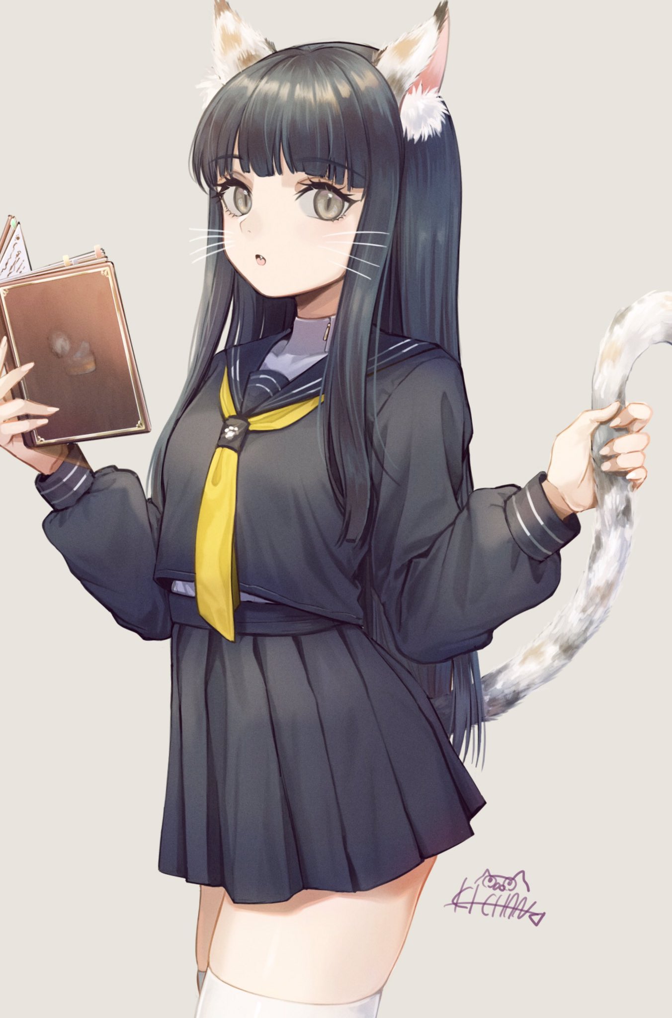 1girl :o animal_ears artist_logo bangs black_hair black_shirt black_skirt blunt_bangs book brown_eyes cat_ears cat_tail eyebrows_visible_through_hair fang grey_background hands_up highres holding holding_book holding_tail ki_chan long_hair long_sleeves looking_at_viewer original paw_print pleated_skirt sailor_collar school_uniform shirt signature skindentation skirt solo symbol_commentary tail thigh-highs whiskers white_legwear zettai_ryouiki