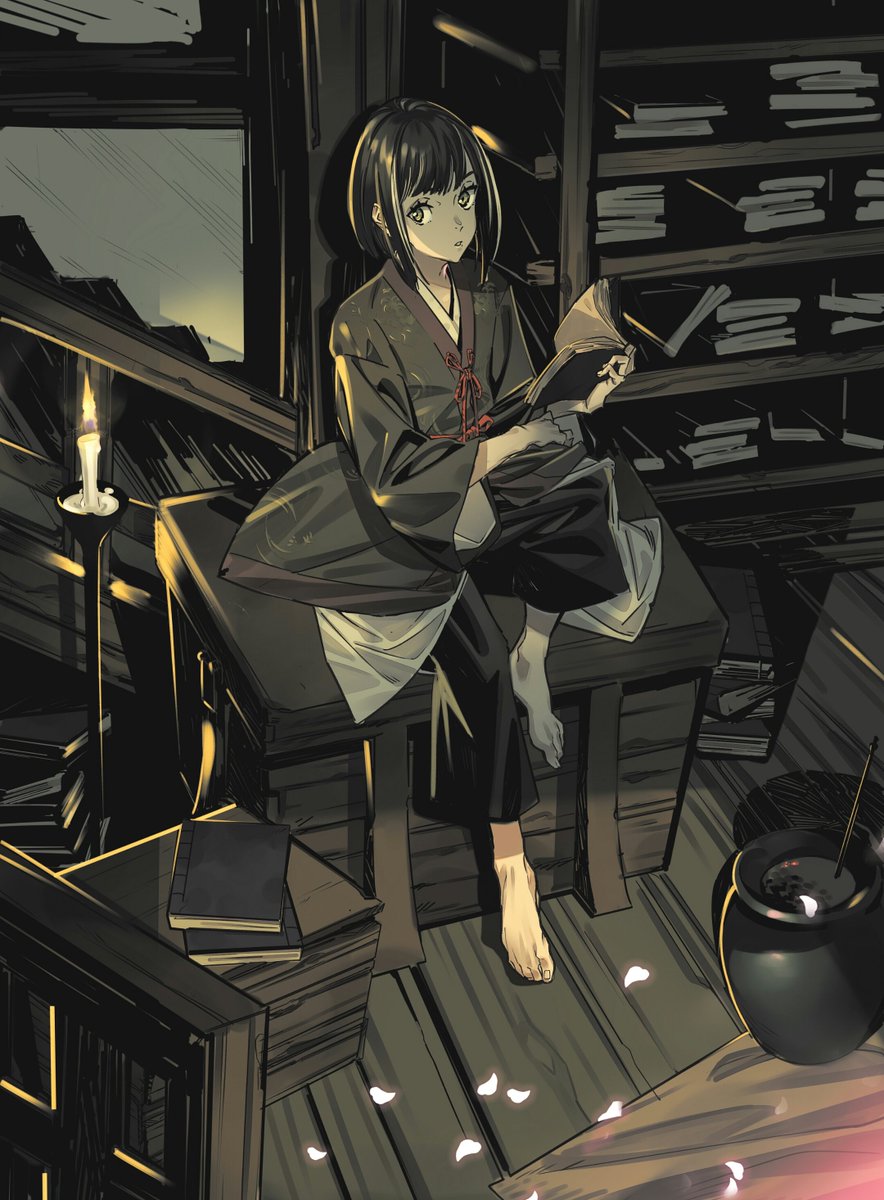 bangs bare_shoulders black_hair book book_stack candle candlelight candlestand child closed_mouth commentary_request green_eyes highres holding holding_book japanese_clothes kuro_the_divine_heir long_sleeves open_book petals pot sekiro:_shadows_die_twice sitting solo stairs symbol_commentary taisowbukurow wooden_floor
