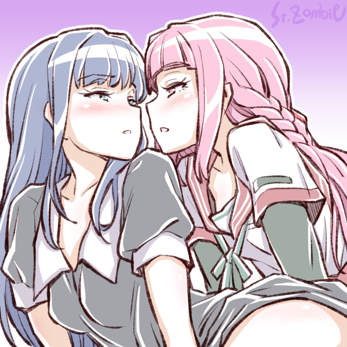 2girls artist_name blue_hair braid eye_contact half-closed_eyes long_hair looking_at_another low_ponytail magia_record:_mahou_shoujo_madoka_magica_gaiden mahou_shoujo_madoka_magica multiple_girls nanami_yachiyo pink_hair school_uniform serafuku studiozombie tamaki_iroha yuri