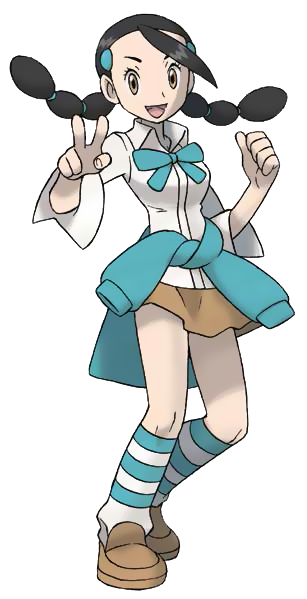 1girl :d black_hair breasts brown_eyes candice_(pokemon) clenched_hand clothes_around_waist full_body gym_leader hair_ornament hairclip long_hair multi-tied_hair official_art open_mouth pokemon pokemon_(game) pokemon_dppt shirt shoes skirt smile solo standing striped striped_legwear sugimori_ken sweater sweater_around_waist tongue transparent_background twintails v