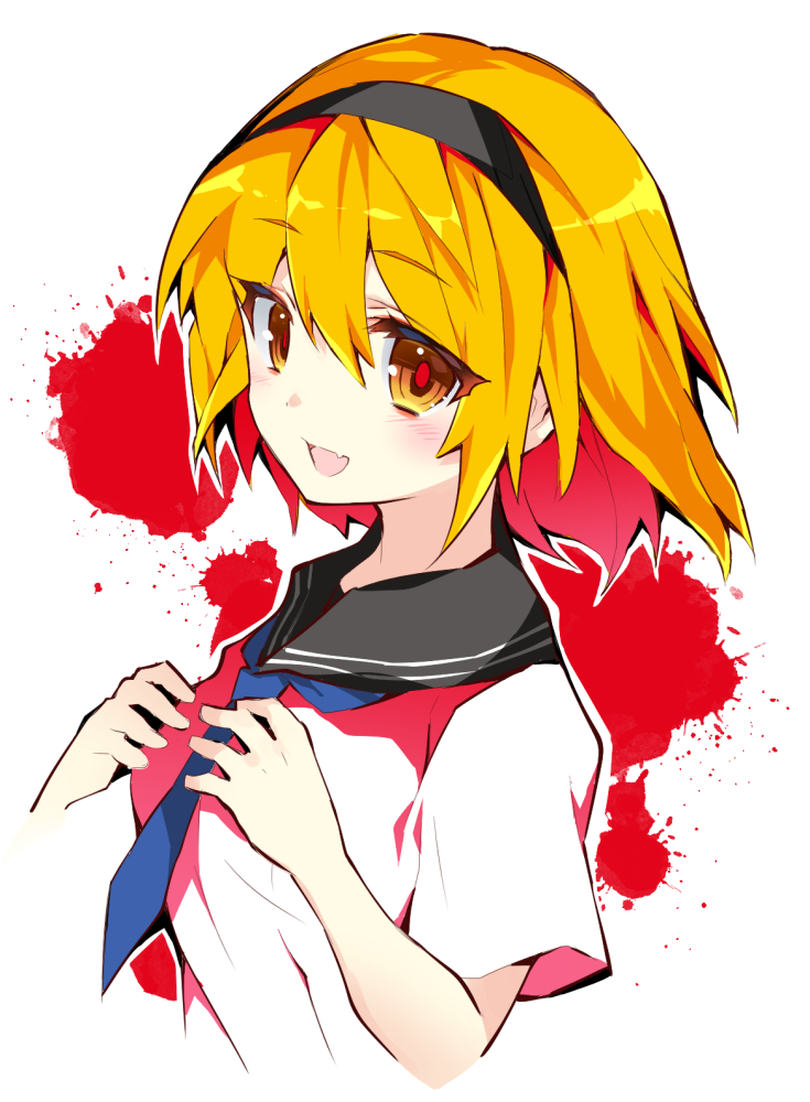 1girl :d bangs black_hairband black_sailor_collar blonde_hair blue_neckwear commentary eyebrows_visible_through_hair eyes_visible_through_hair fang hair_between_eyes hairband hands_on_own_chest higurashi_no_naku_koro_ni houjou_satoko looking_at_viewer neckerchief open_mouth sailor_collar school_uniform serafuku shiny shiny_hair short_hair short_sleeves skin_fang smile solo suzuragi_karin upper_body yellow_eyes