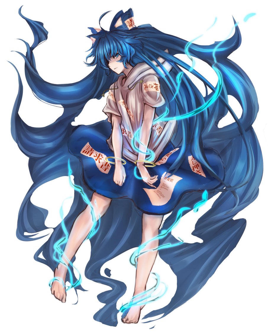 1girl akehi_yuki bangs barefoot blue_bow blue_eyes blue_hair blue_skirt bow bracelet closed_mouth drawstring full_body grey_hoodie hair_bow hood hoodie jewelry long_hair looking_at_viewer ofuda_on_clothes short_sleeves simple_background skirt solo touhou white_background yorigami_shion