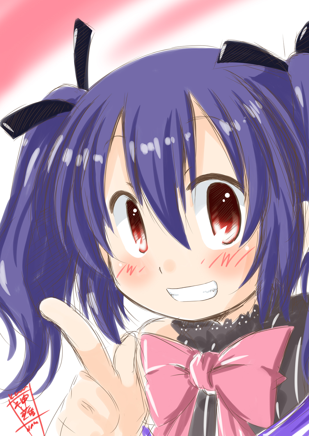 1girl bangs bare_shoulders black_ribbon black_shirt blush bow bowtie collared_shirt commentary_request dark_blue_hair eyebrows_visible_through_hair grin hair_between_eyes hair_ribbon hand_up highres index_finger_raised kan'nagi_(vtk7710) looking_at_viewer pink_background pink_bow pink_neckwear portrait red_eyes ribbon shiny shiny_hair shirt signature simple_background sketch sleeveless sleeveless_shirt smile solo striped striped_shirt teeth translation_request twintails two-tone_background upper_body urara_meirochou vertical-striped_shirt vertical_stripes white_background yukimi_koume