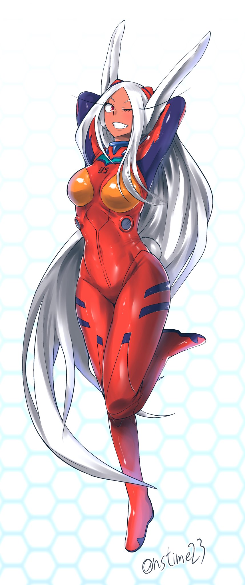 1girl ;d animal_ears arms_up bodysuit boku_no_hero_academia breasts cosplay dark_skin dark-skinned_female eyelashes full_body grin highres leg_up long_hair mirko neon_genesis_evangelion nstime23 one_eye_closed open_mouth plugsuit rabbit_ears rabbit_girl red_bodysuit smile solo souryuu_asuka_langley souryuu_asuka_langley_(cosplay) twitter_username very_long_hair white_hair