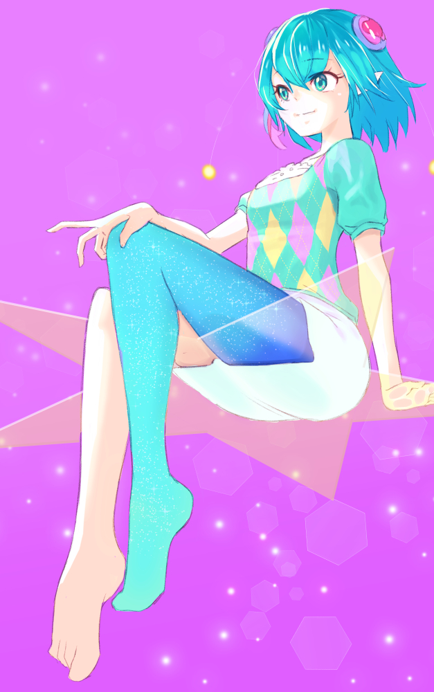 1girl antennae aqua_eyes aqua_hair aqua_legwear aqua_shirt argyle_shirt bare_legs blue_legwear commentary diamond_(symbol) eyebrows_visible_through_hair frilled_shirt_collar frills gradient gradient_legwear hagoromo_lala hair_between_eyes hair_ornament hand_on_own_knee heart heart_hair_ornament jj_(ssspulse) looking_away multicolored multicolored_clothes multicolored_hair multicolored_legwear multicolored_shirt pink_hair pink_shirt pink_sky pointy_ears precure shirt short_hair short_sleeves shorts single_leg_pantyhose sitting smile solo star_(sky) star_(symbol) star_twinkle_precure streaked_hair white_shorts yellow_shirt