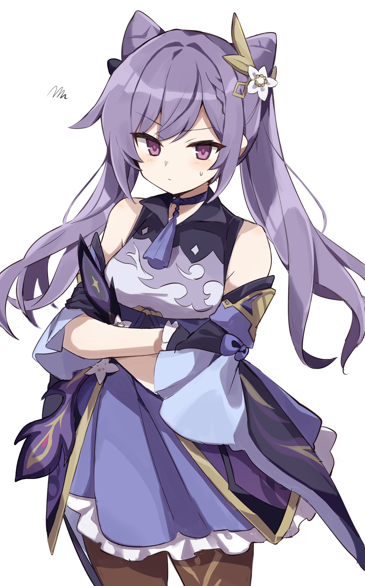 1girl bangs brown_legwear choker crossed_arms dress eyebrows_visible_through_hair freenote_mr frilled_dress frilled_gloves frills genshin_impact gloves hair_cones hair_ears hair_ornament highres keqing_(genshin_impact) looking_at_viewer pantyhose purple_choker purple_dress purple_gloves purple_hair simple_background solo twintails violet_eyes white_background