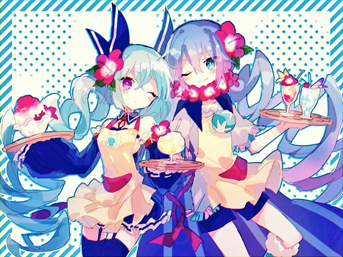 2girls apron bangs blue_eyes blue_hair blush border cup dress drink drinking_straw eyebrows_visible_through_hair flower food frilled_skirt frills garter_straps hair_flower hair_ornament hair_ribbon hibi89 hibiscus holding holding_tray long_hair long_sleeves looking_at_viewer merc_storia multiple_girls one_eye_closed parfait polka_dot polka_dot_background ribbon shaved_ice short_sleeves shorts skirt smile striped_border thigh-highs tray twintails very_long_hair violet_eyes yellow_apron