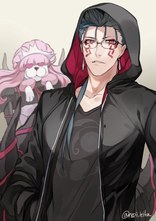 1boy 2f_sq animalization beige_background bespectacled black_hoodie black_shirt blue_hair casual contemporary cu_chulainn_(fate)_(all) cu_chulainn_alter_(fate/grand_order) dog earrings facial_mark fate/grand_order fate_(series) glasses hair_over_shoulder hair_strand hand_in_pocket heart heart_eyes hood hoodie jewelry long_hair looking_at_viewer medb_(fate) medb_(fate)_(all) monster_boy poodle red_eyes shirt simple_background spikes tail tattoo upper_body