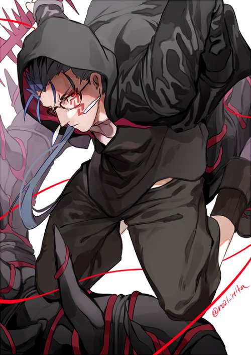 1boy 2f_sq bespectacled black-framed_eyewear black_footwear black_hoodie black_legwear black_pants black_shirt blue_hair casual closed_mouth contemporary cu_chulainn_(fate)_(all) cu_chulainn_alter_(fate/grand_order) earrings expressionless facial_mark fate/grand_order fate_(series) glasses hair_over_shoulder hair_strand hood hoodie jewelry long_hair looking_at_viewer male_focus monster_boy pants red_eyes shirt shoes socks solo spikes tail tattoo twitter_username white_background