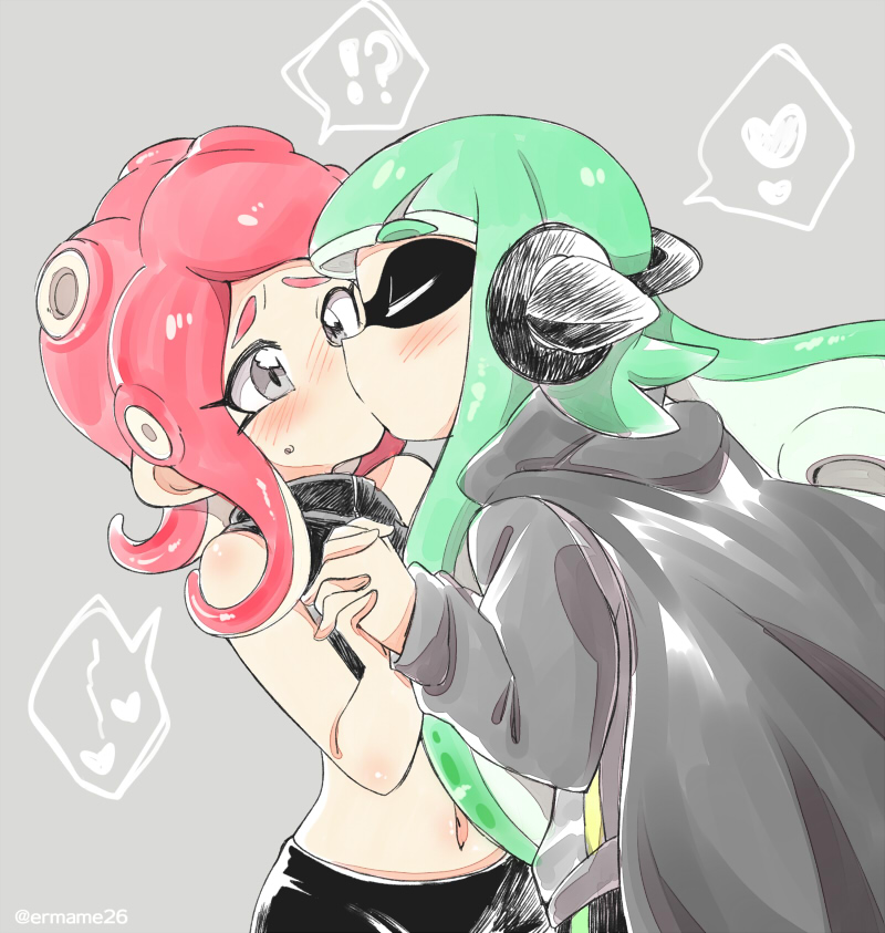 2girls bangs black_cape black_shirt black_skirt blunt_bangs blush cape closed_eyes commentary crop_top domino_mask eromame green_hair grey_background grey_eyes headgear heart holding_hands inkling kiss long_hair looking_at_another makeup mascara mask medium_hair midriff multiple_girls octoling pointy_ears red_eyes redhead shirt skirt sleeveless sleeveless_shirt splatoon_(series) splatoon_2 splatoon_2:_octo_expansion spoken_heart squidbeak_splatoon standing suction_cups sweatdrop tentacle_hair twitter_username yuri