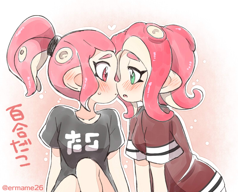 2girls black_shirt blush closed_mouth commentary eromame green_eyes hair_tie imminent_kiss leaning_forward light_frown looking_at_another makeup mascara medium_hair multiple_girls octoling open_mouth pointy_ears ponytail print_shirt red_eyes redhead shirt short_sleeves sitting splatoon_(series) suction_cups sweatdrop t-shirt tentacle_hair translated twitter_username yuri
