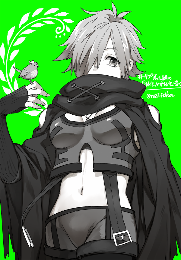 1girl 2f_sq adapted_costume bird bird_on_finger breasts cowboy_shot fate/extra fate_(series) fingerless_gloves genderswap genderswap_(mtf) gloves green_background greyscale hair_over_one_eye looking_at_viewer medium_breasts midriff monochrome navel pants robin_hood_(fate) scarf short_hair simple_background skin_tight solo