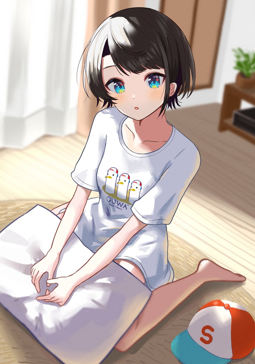 1girl :o bangs black_hair blue_eyes collarbone curtains hat hat_removed headwear_removed highres hololive indoors looking_at_viewer looking_up no_pants oozora_subaru pillow plant potted_plant shirt short_hair short_sleeves sitting solo table tagosaku_(tatsukiuma0329) virtual_youtuber wariza white_shirt wooden_floor