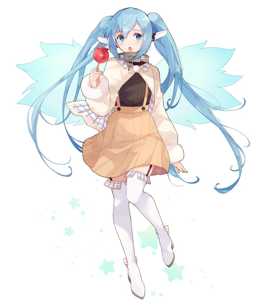 1girl alternate_costume aqua_hair bangs blue_eyes boots broken broken_chain candy_apple chain collar eyebrows_visible_through_hair food full_body fur_trim garter_straps holding holding_food long_hair long_sleeves nymph_(sora_no_otoshimono) open_mouth robot_ears shakemi_(sake_mgmgmg) sidelocks simple_background skirt solo sora_no_otoshimono star_(symbol) suspender_skirt suspenders thigh-highs thigh_boots twintails white_background white_footwear wings