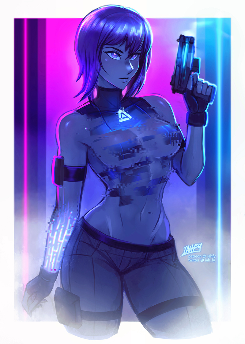 1girl arm_tattoo black_leotard breasts covered_navel cyberpunk digital_dissolve dissolving_clothes distortion english_commentary finger_on_trigger ghost_in_the_shell ghost_in_the_shell_stand_alone_complex glowing_tattoo gun handgun highleg highleg_leotard holding holding_gun holding_weapon iahfy kusanagi_motoko leotard lowleg lowleg_pants medium_breasts medium_hair multicolored multicolored_background neon_lights neon_trim no_bra pants pistol purple_hair science_fiction smoke smoking_gun solo standing tattoo thigh_pouch thigh_strap thighs vaporwave violet_eyes weapon