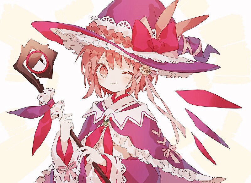 1girl ;) bangs blush bow brown_eyes brown_hair capelet closed_mouth eyebrows_visible_through_hair hat hat_bow hibi89 holding holding_staff long_sleeves looking_at_viewer merc_storia one_eye_closed red_bow red_capelet red_headwear red_ribbon ribbon short_hair smile soiree_(merc_storia) solo staff upper_body witch_hat