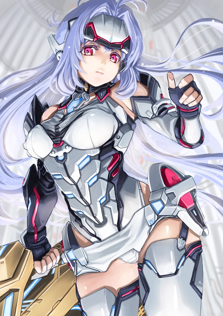 1girl android ayamo_kaoru blue_hair breasts highres jewelry joints kos-mos kos-mos_re: large_breasts long_hair red_eyes robot_joints solo weapon xenoblade_chronicles_(series) xenoblade_chronicles_2 xenosaga