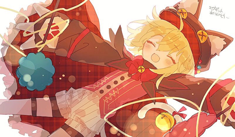 ^_^ ^o^ ahoge animal_ears animal_hat bangs bell blonde_hair blush bow bowtie cape closed_eyes eyebrows_visible_through_hair fangs frilled_cape gloves hat hibi89 jingle_bell merc_storia open_mouth paw_gloves paws plaid_cape red_bow shorts smile solo tail tail_bell tail_ornament