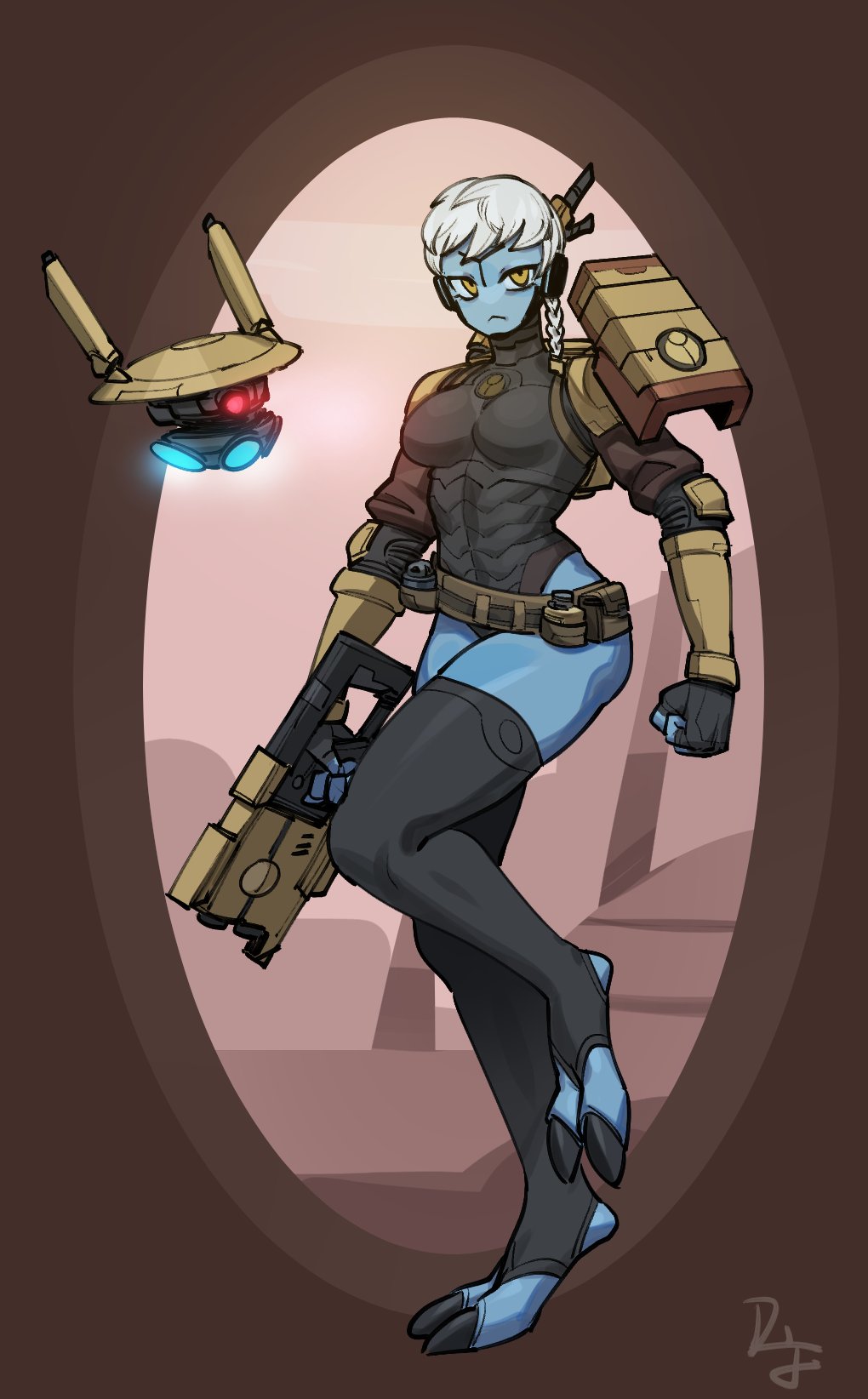 1girl 1other :&lt; alien armor backpack bag belt belt_pouch black_legwear black_leotard black_nails blue_skin braid breastplate breasts claws clenched_hand colored_skin covered_abs difmanm digitigrade drone energy_gun facial_mark fewer_digits forehead_mark frown full_body gun handcannon headgear highres holding holding_gun holding_weapon leotard long_legs loose_belt medium_breasts no_nose pouch science_fiction short_hair shrug_(clothing) side_braid single_pauldron solo_focus stirrup_legwear tau tau_drone thick_thighs thigh-highs thighs toeless_legwear vambraces warhammer_40k weapon white_hair wide_hips