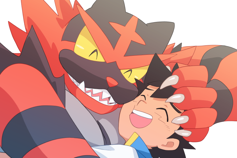 1boy ash_ketchum brown_hair claws closed_eyes commentary_request dododo_dadada gen_7_pokemon incineroar male_focus open_mouth pokemon pokemon_(anime) pokemon_(creature) pokemon_swsh_(anime) popped_collar shirt simple_background smile teeth tongue white_background white_shirt