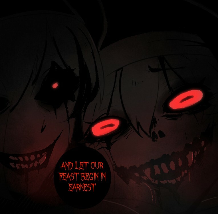 2girls close-up demon_girl drooling face fangs glowing glowing_eyes hair_between_eyes looking_at_viewer multiple_girls nyantcha open_mouth original red_eyes scar scar_on_face shared_speech_bubble short_hair siblings sisters speech_bubble white_hair