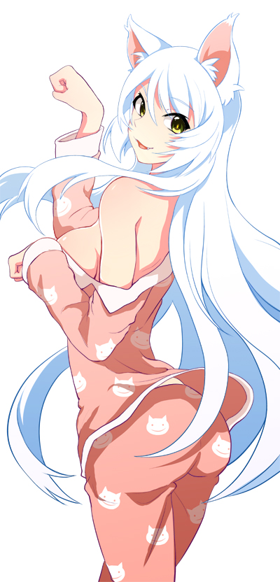 1girl :3 animal_ears animal_print ass bad_id bad_pixiv_id bakemonogatari bare_shoulders black_hanekawa breasts cat_ears cat_girl cat_print fang gaepeol hanekawa_tsubasa large_breasts long_hair looking_at_viewer monogatari_(series) off_shoulder open_mouth pajamas paw_pose print_pajamas sideboob simple_background smile solo very_long_hair white_background white_hair yellow_eyes