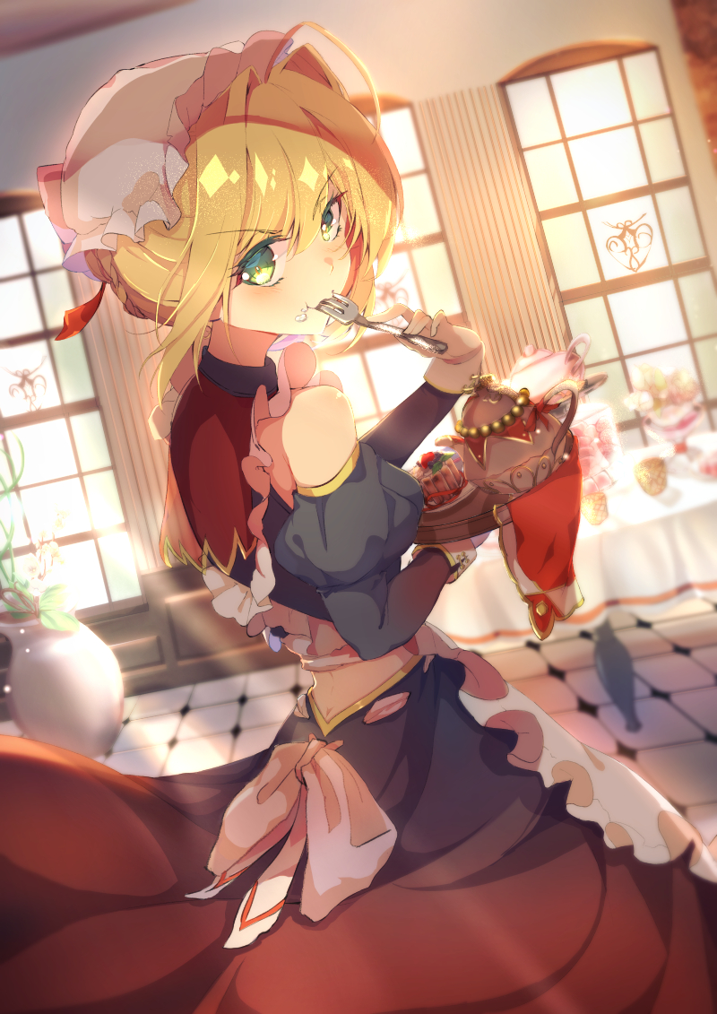 ahoge alternate_costume apron blonde_hair butt_crack eating enmaided fate/grand_order fate_(series) fork maid maid_apron maid_headdress mizurapi nero_claudius_(fate) nero_claudius_(fate)_(all) short_hair