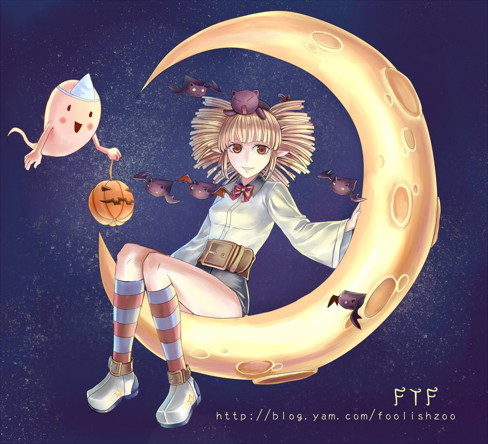 1girl animal_on_head bangs bat belt black_shorts blonde_hair blouse blue_legwear blush bow bowtie brown_belt brown_eyes cat cat_on_head collared_blouse commentary_request crescent_moon ftf full_body ghost grin jack-o'-lantern kneehighs loli_ruri long_sleeves looking_at_viewer lude_(ragnarok_online) medium_hair moon on_head open_mouth pointy_ears pumpkin ragnarok_online red_bow red_legwear shoes shorts signature sitting sky smile star_(sky) starry_sky striped striped_legwear triangular_headpiece watermark web_address white_blouse white_footwear