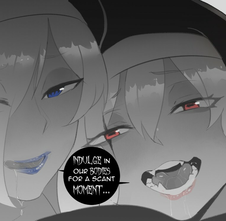 2girls blue_eyes blue_lips close-up drooling face fangs habit hair_between_eyes hair_over_one_eye looking_at_viewer multiple_girls nun nyantcha open_mouth original red_eyes scar scar_on_face shared_speech_bubble short_hair siblings sisters speech_bubble white_hair