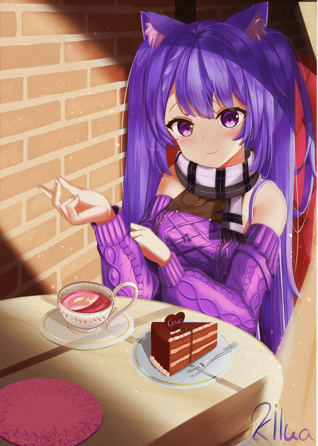 1girl alternate_costume animal_ears artist_name bare_shoulders blush brick_wall cake casual cat_ears chair chocolate_cake cup drink food genshin_impact heart highres keqing_(genshin_impact) kilua_715 long_sleeves looking_at_viewer plate purple_hair purple_sweater scarf sitting smile solo sweater table tea teacup twintails violet_eyes