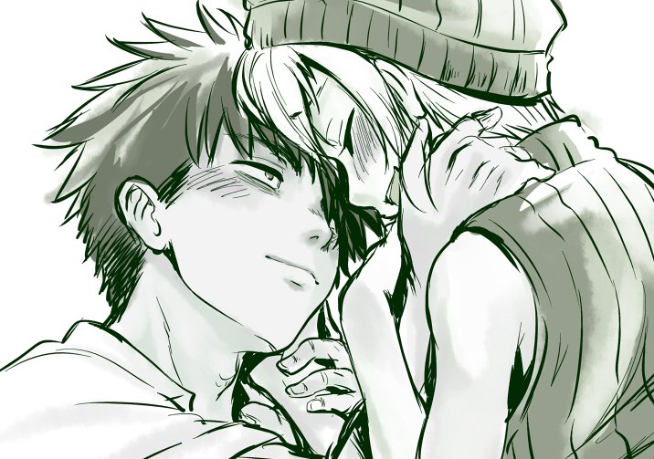1boy 1girl adam's_apple bangs beanie black_hair blush closed_eyes closed_mouth couple eyebrows eyebrows_visible_through_hair hand_on_another's_head happy hat headwear kurokoshi_you looking_at_another monochrome_background open_mouth original shirt shoulders sidelocks sketch sleeveless sleeveless_shirt sleeveless_sweater smile smudge spiky_hair white_background white_hair