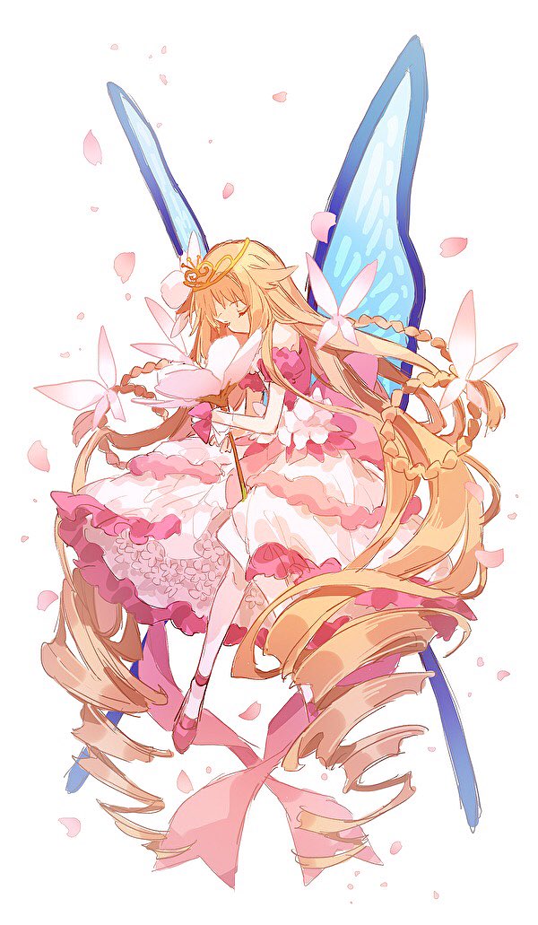 1girl absurdly_long_hair bangs blonde_hair braid butterfly_wings closed_eyes dress drill_hair eyebrows_visible_through_hair flower frilled_dress frills full_body gloves hibi89 holding holding_flower layered_dress long_hair merc_storia off-shoulder_dress off_shoulder pantyhose petals pink_footwear solo tiara twin_braids twin_drills very_long_hair white_dress white_gloves white_legwear wings