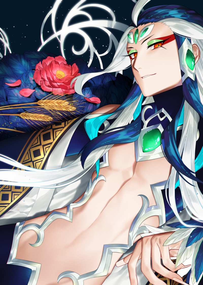 1boy androgynous aqua_hair blue_hair eyeshadow face fate/grand_order fate_(series) flower forehead_jewel hat long_hair looking_at_viewer makeup male_cleavage male_focus multicolored_hair orange_eyes pectorals qin_shi_huang_(fate) red_eyeshadow red_flower sindri sky smile solo star_(sky) starry_sky streaked_hair toned toned_male upper_body very_long_hair white_hair