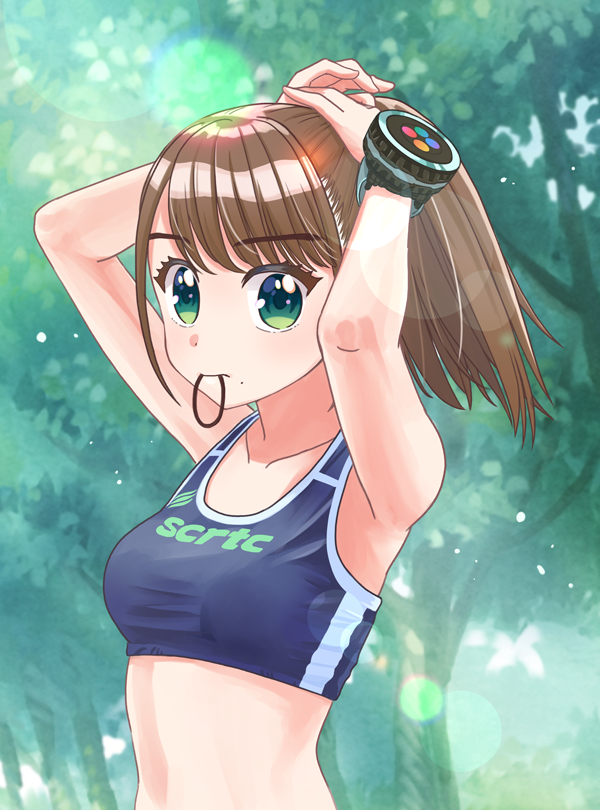 1girl arms_up bangs eyebrows_visible_through_hair green_eyes hair_tie_in_mouth hayami_sena hotori_michino lens_flare mashin_sentai_kiramager medium_hair mouth_hold outdoors tree tying_hair upper_body