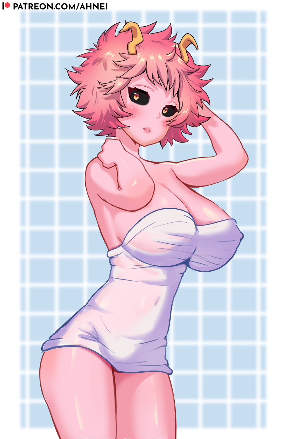 1girl ahnei ashido_mina black_sclera blush boku_no_hero_academia breasts colored_sclera colored_skin highres horns large_breasts looking_at_viewer patreon_username pink_hair pink_skin shiny shiny_hair shiny_skin short_hair simple_background solo yellow_eyes