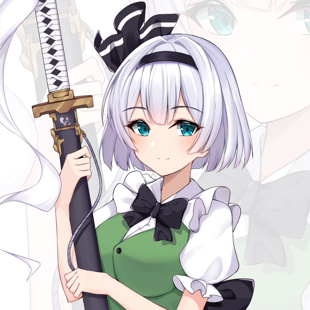 1girl bangs black_bow black_hairband black_neckwear black_ribbon blue_eyes bob_cut bow bowtie breasts buttons closed_mouth commentary_request eyebrows_visible_through_hair frills green_vest hair_ribbon hairband holding holding_sword holding_weapon katana konpaku_youmu light_blush looking_at_viewer medium_breasts puffy_short_sleeves puffy_sleeves ribbon sheath sheathed shirt short_hair short_sleeves silver_hair simple_background smile solo sword touhou upper_body useless_(102960190014) vest weapon white_background white_shirt zoom_layer