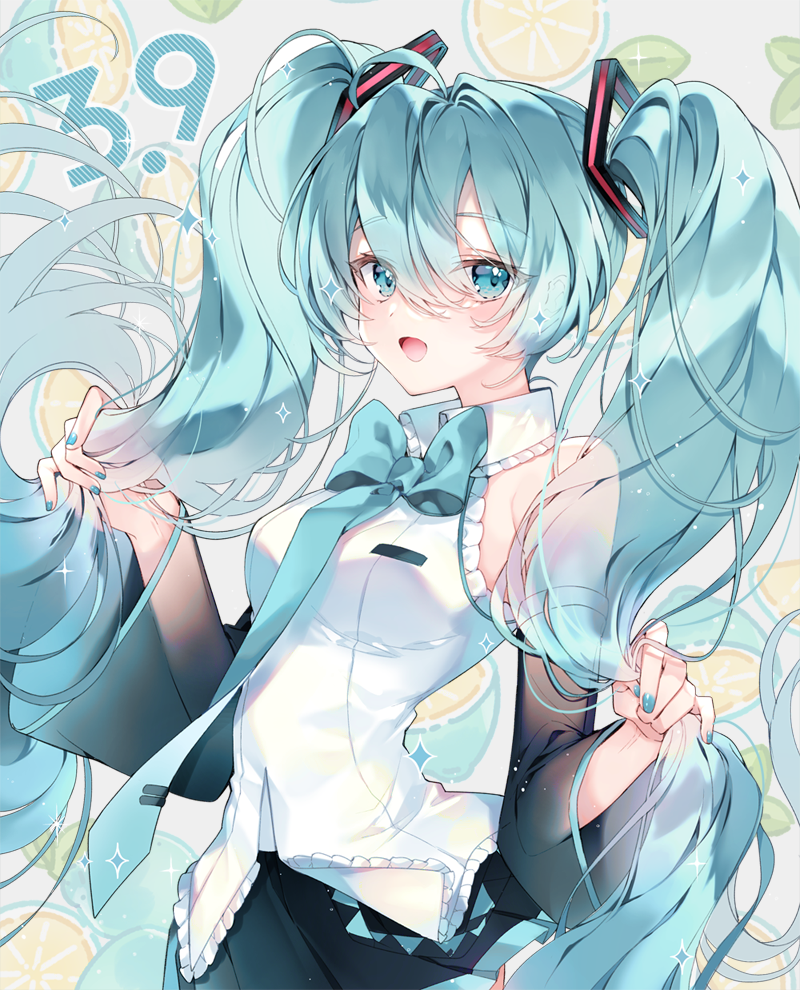 1girl 39 :d ahoge aqua_bow aqua_hair aqua_nails bangs bare_shoulders black_skirt black_sleeves blue_eyes bow breasts collared_shirt commentary dated detached_sleeves eyebrows_visible_through_hair grey_background hair_between_eyes hands_up hatsune_miku holding holding_hair long_hair long_sleeves medium_breasts nail_polish open_mouth pingo pleated_skirt see-through see-through_sleeves shirt skirt sleeveless sleeveless_shirt smile solo sparkle twintails very_long_hair vocaloid white_shirt wide_sleeves