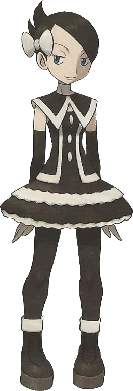 1girl black_footwear black_hair black_legwear blue_eyes boots bow capelet closed_mouth dress eyelashes full_body hair_bow knees marley_(pokemon) pantyhose pokemon pokemon_(game) pokemon_dppt short_hair sideways_glance smile solo standing sugimori_ken transparent_background white_bow