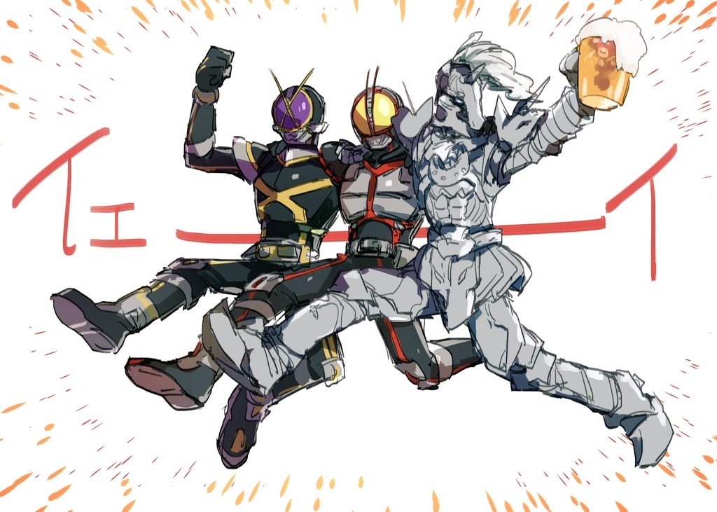 3boys alcohol arm_around_shoulder arm_up armor armored_boots beer beer_mug belt black_bodysuit black_gloves blank_eyes blue_eyes bodysuit boots breastplate chikichi clenched_hand commentary_request cup drink drinking_glass emphasis_lines foam full_armor full_body gauntlets gloves greaves grey_footwear helm helmet holding holding_cup horse_orphnoch jpeg_artifacts jumping kamen_rider kamen_rider_555 kamen_rider_faiz kamen_rider_kaixa male_focus mug multiple_boys outstretched_arm pauldrons running shoulder_armor shoulder_spikes shouting sketch spikes translated violet_eyes yellow_eyes