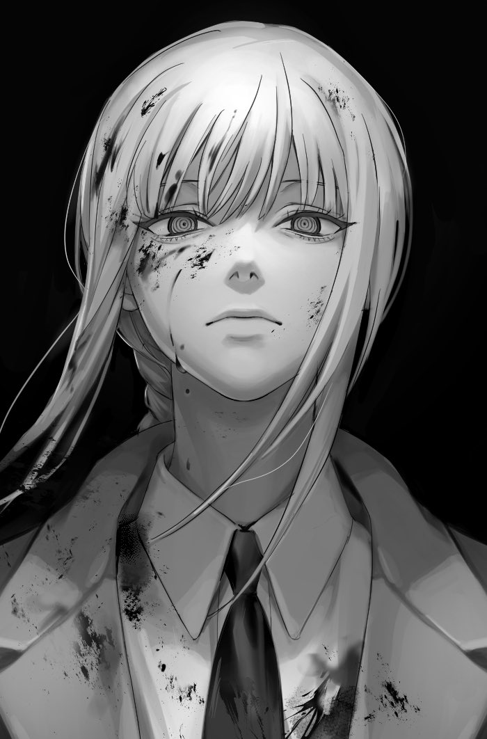 bangs blood braid chainsaw_man face formal looking_at_viewer makima_(chainsaw_man) monochrome necktie suit